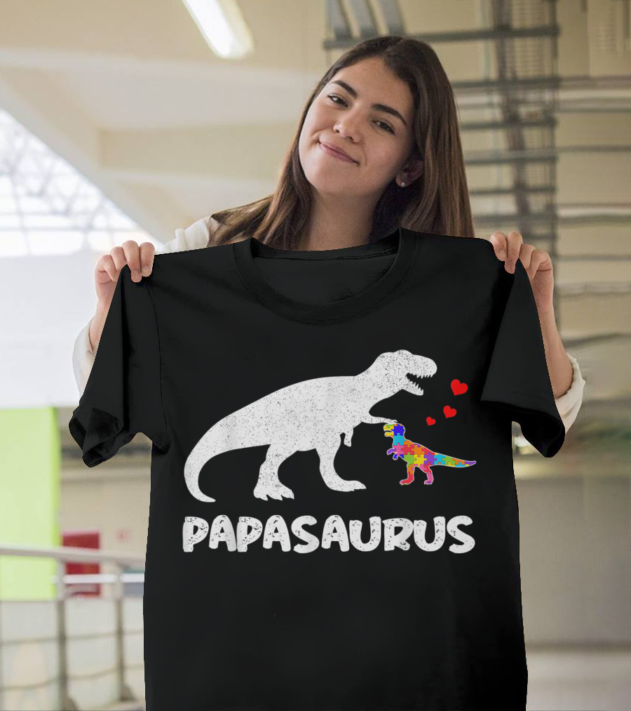 Papasaurus Dinosaur with Puzzle Pattern Hearts Autism Awareness T-Shirt