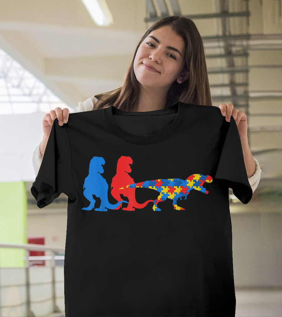 Dinosaur Puzzle Piece Autism Awareness Support Autistic T-Rex Evolution T-Shirt