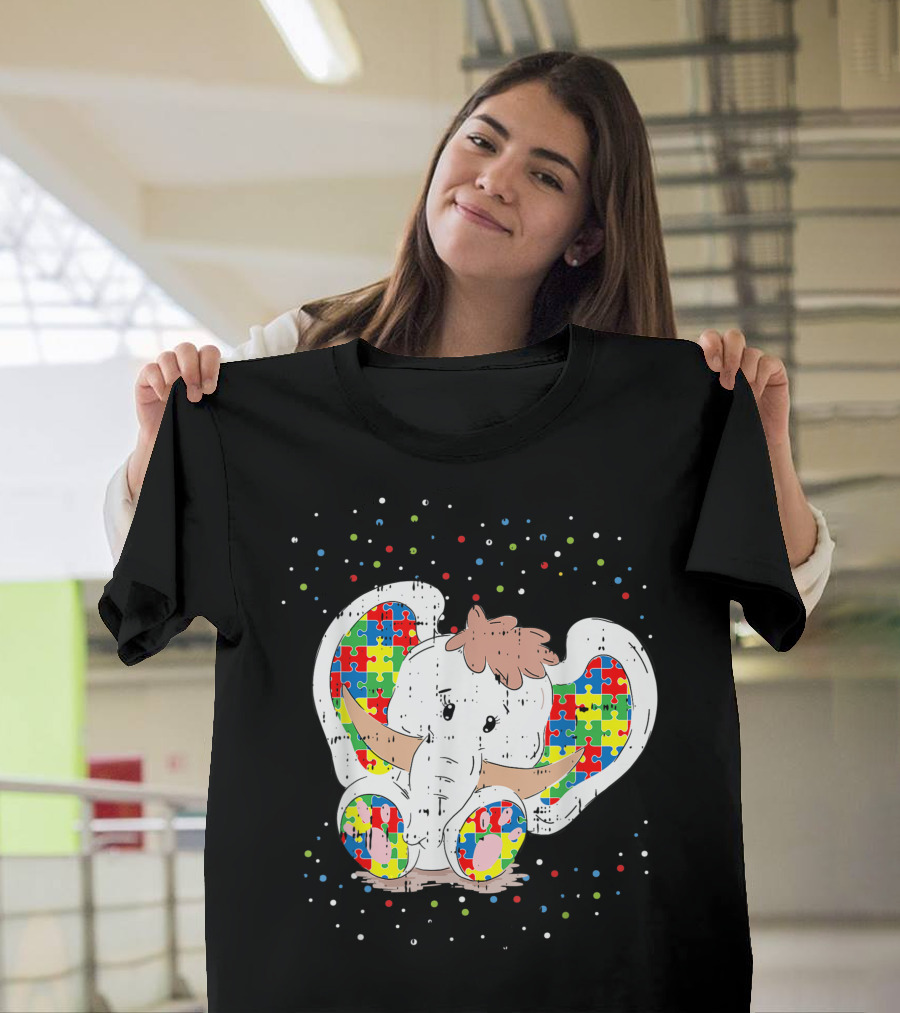 Elephant Autism Awareness Puzzle with Cute Colorful Animal T-Shirt