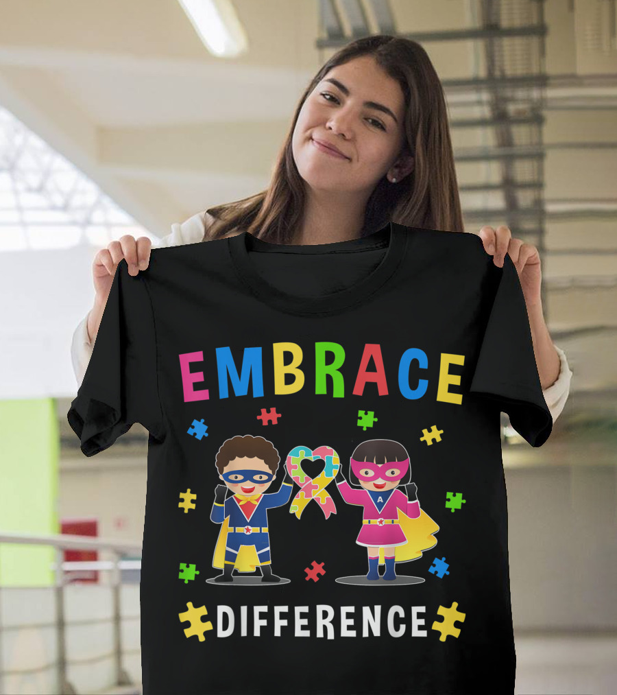 Embrace Difference Autism Month Ribbon Puzzle Recognize Inclusivity T-Shirt