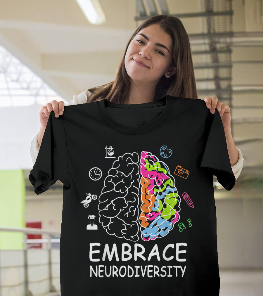 Embrace Neurodiversity Brain Dyslexia ADHD Autism ASD Icons Clock Camera Music Pencil Scooter Graduation T-Shirt