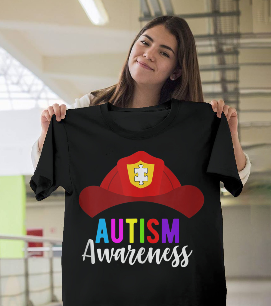 Firefighter Hat with Puzzle Emblem Autism Awareness T-Shirt