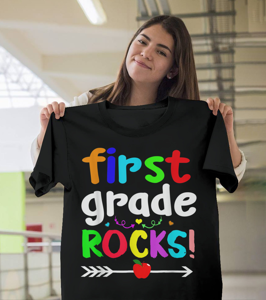 First Grade Rocks Rainbow Welcome Back to School with Apple and Arrow T-Shirt