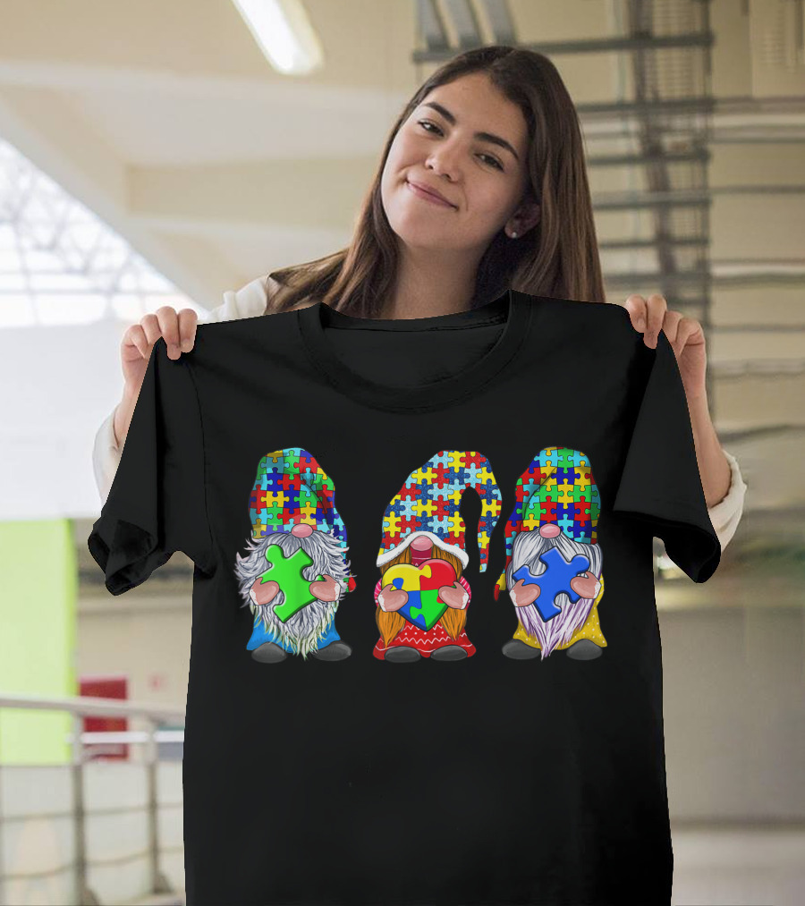 Gnomes Holding Colorful Autism Awareness Puzzle Pieces T-Shirt