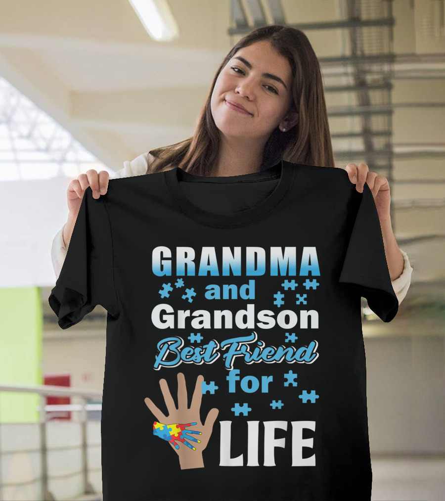 Grandma And Grandson Best Friend For Life Autism Puzzle Pieces and Hand T-Shirt