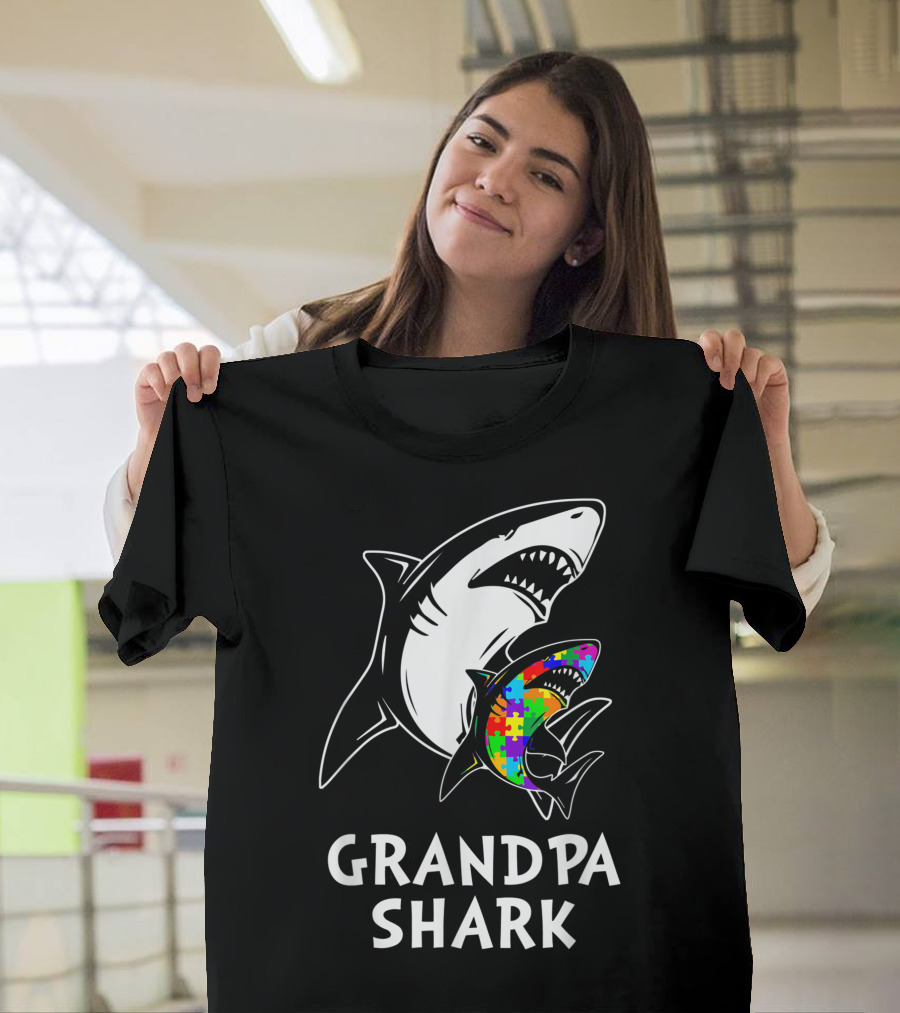 Grandpa Shark with Colorful Puzzle Pattern for Autism Awareness T-Shirt