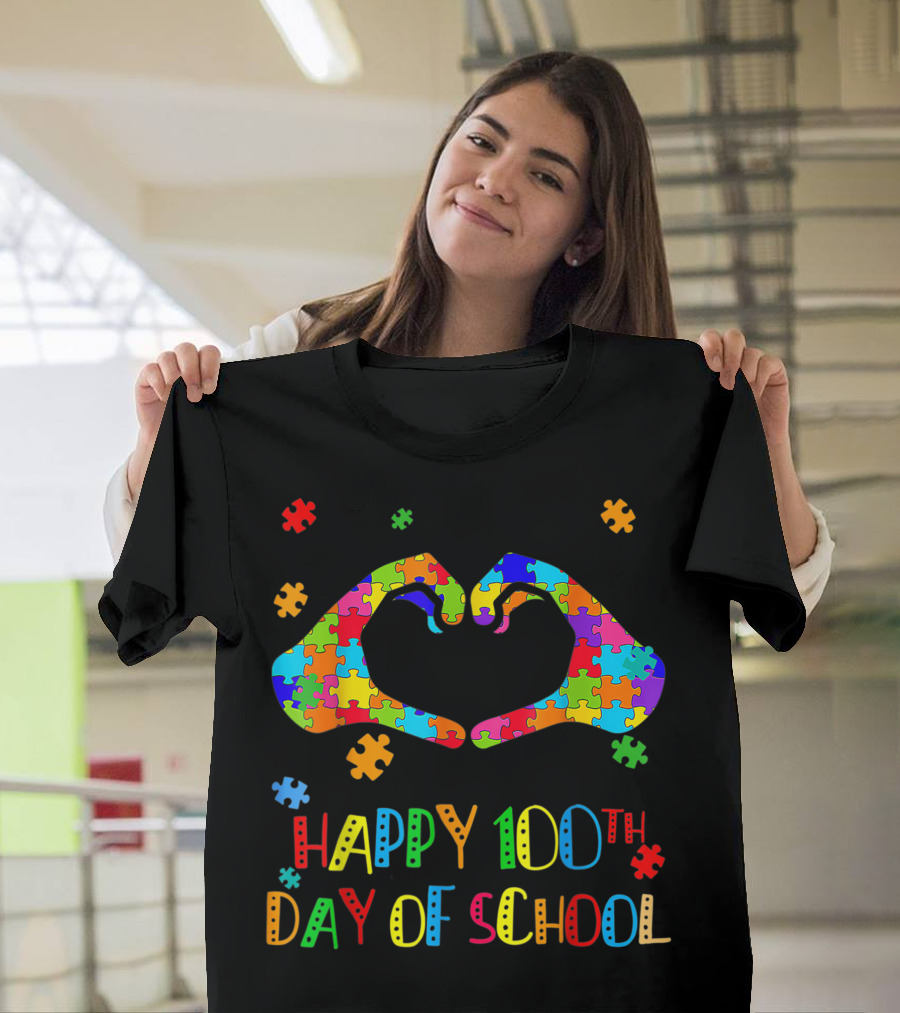 Happy 100th Day of School Teacher Autism Awareness Heart Puzzle T-Shirt