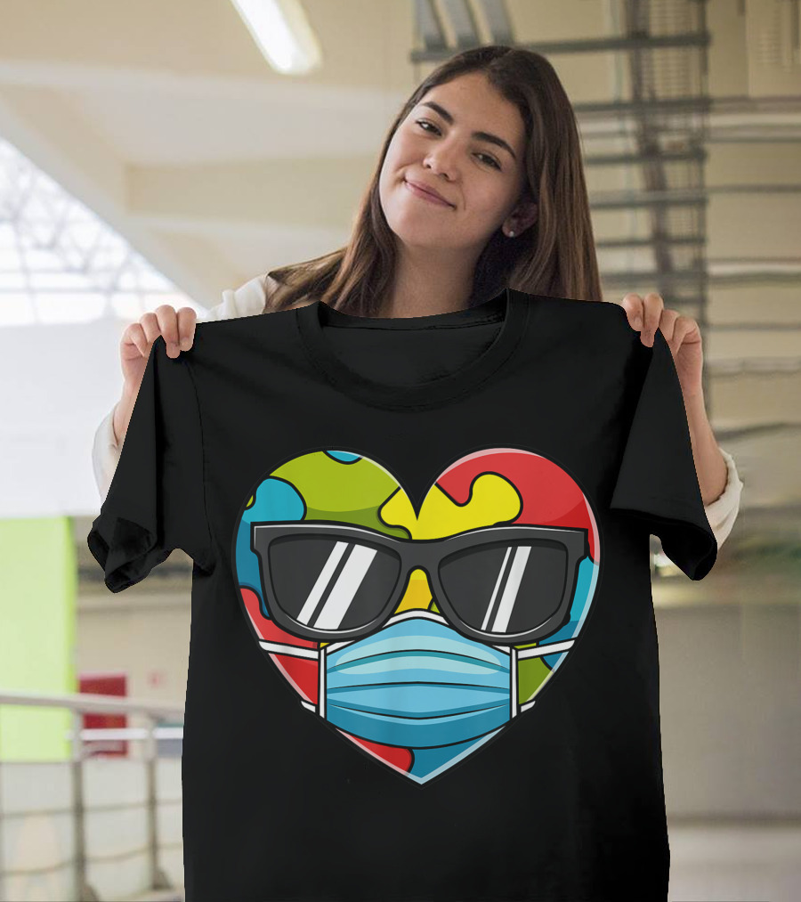 Heart Puzzle Piece Sunglasses Mask Autism Awareness T-Shirt