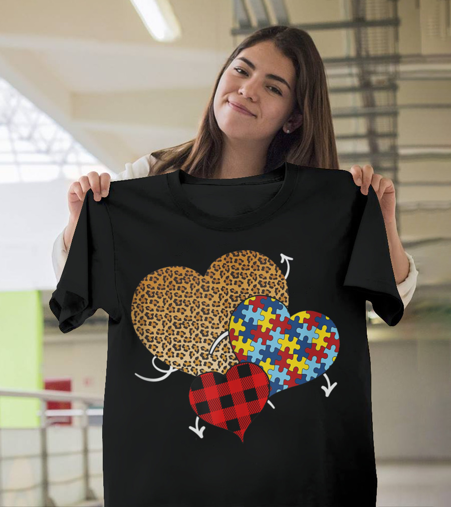 Hearts Valentine’s Day Buffalo Plaid Love Puzzle Autism Leopards T-Shirt