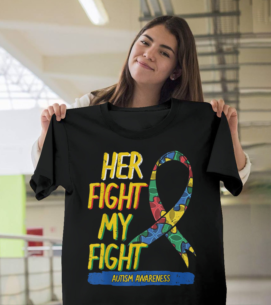 Her Fight My Fight Autism Awareness Ribbon Colorful Puzzle T-Shirt