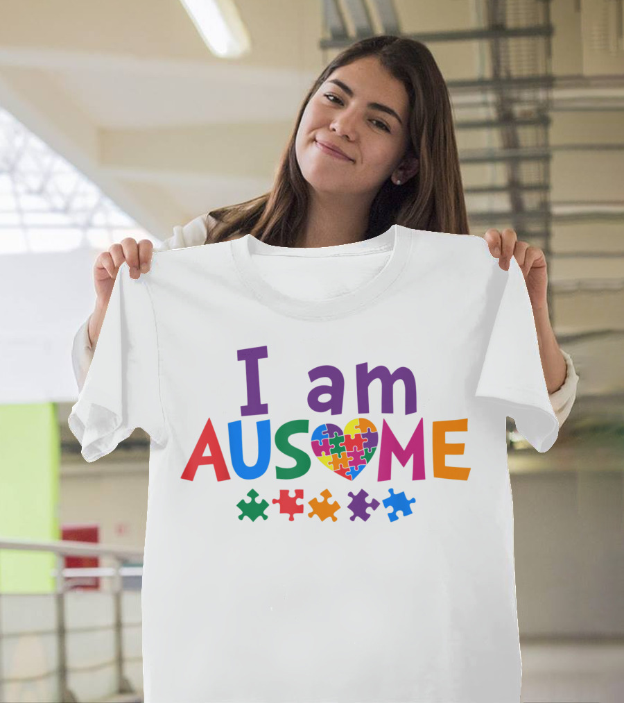 I Am Ausome Autism Awareness Multicolored Puzzle Heart T-Shirt