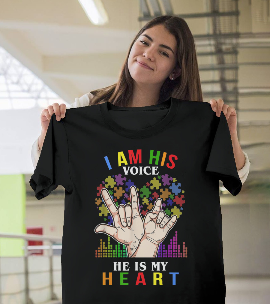 I Am His Voice Puzzle Heart Autism Hands T-Shirt