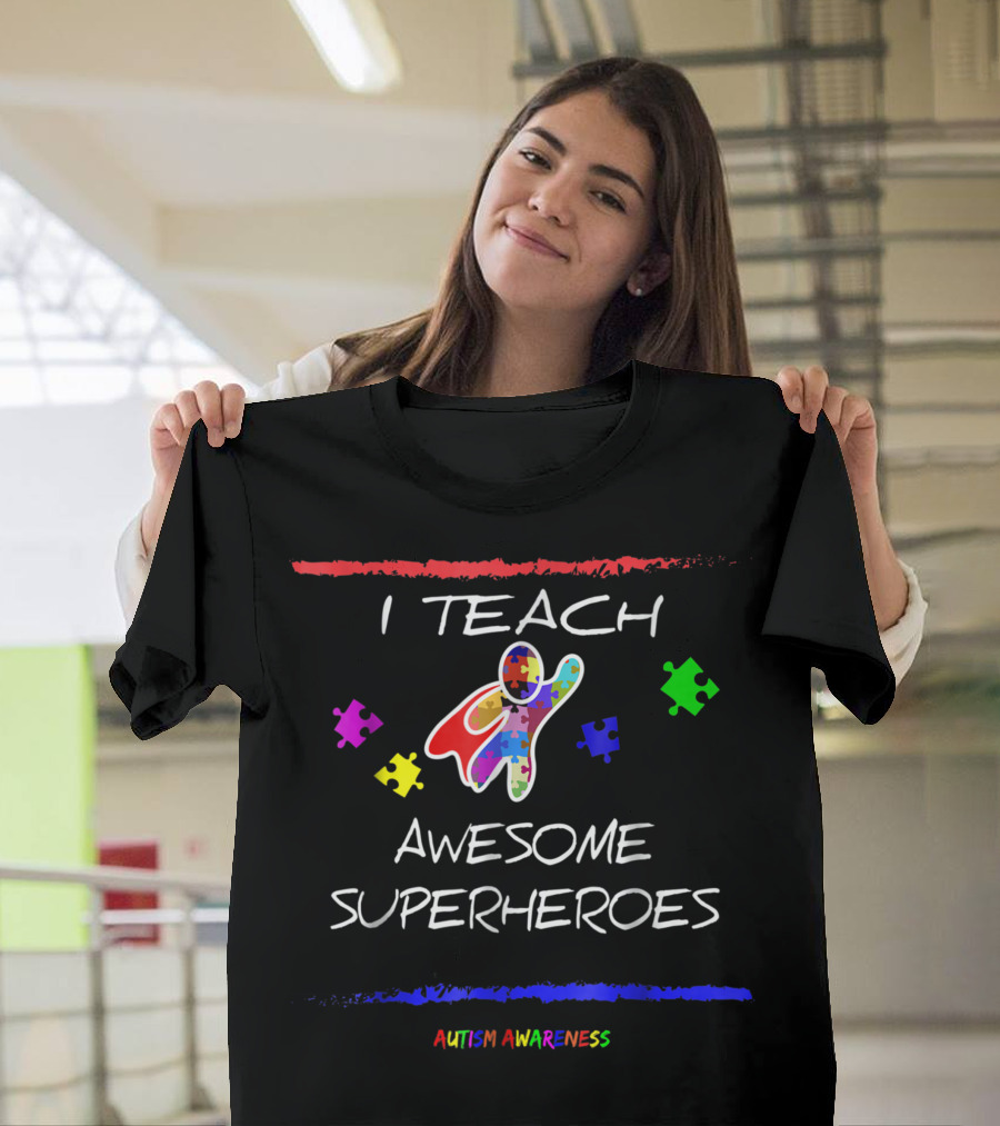 I Teach Awesome Superheroes Autism Awareness Puzzle Piece Cape T-Shirt