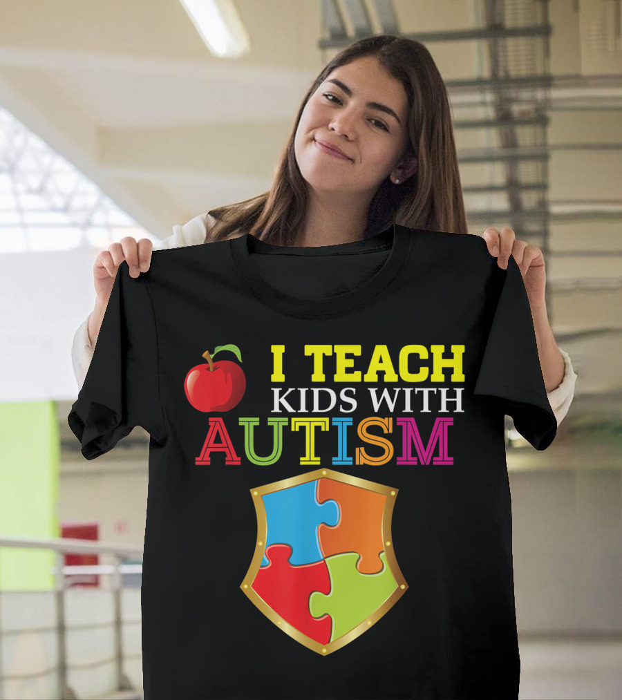 I Teach Kids With Autism Puzzle Shield Apple Awareness T-Shirt