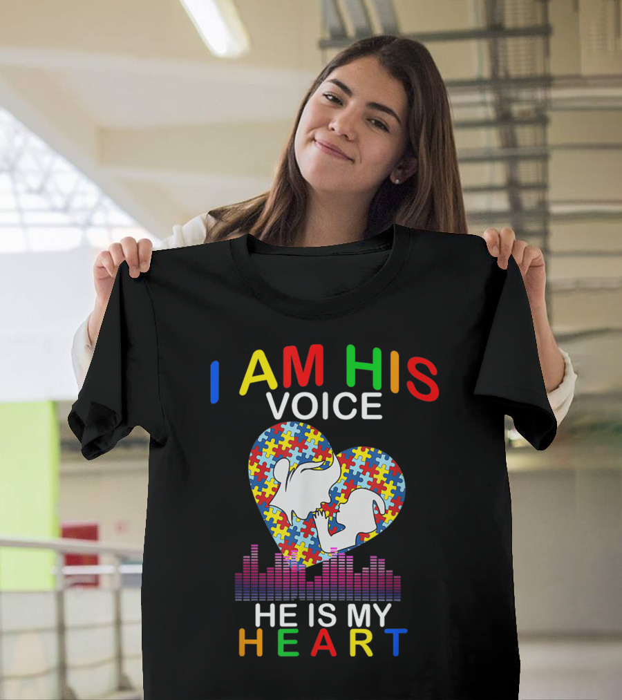 I Am His Voice He Is My Heart Autism Awareness Puzzle Heart and Silhouette with Sound Waves T-Shirt