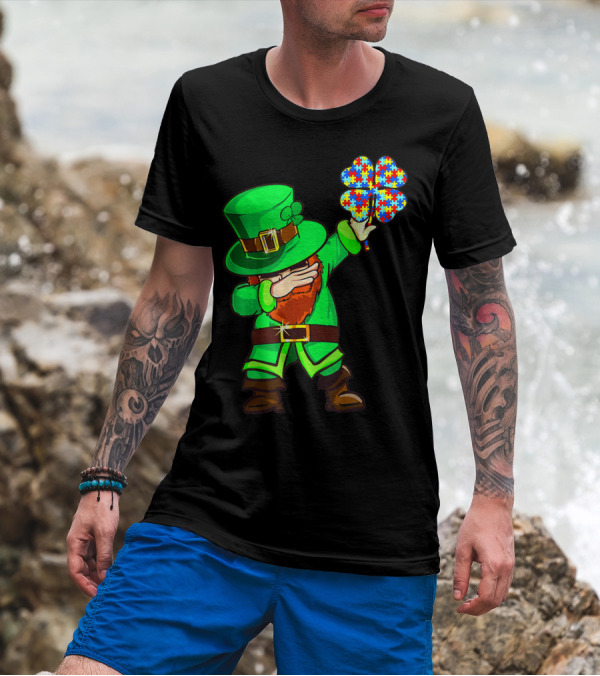 Leprechaun Dabbing With Autism Awareness Puzzle Shamrock T-Shirt