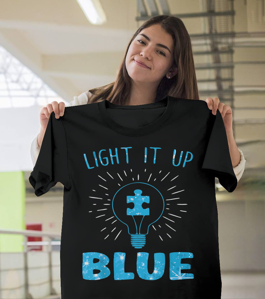 Light It Up Blue Autism Awareness Puzzle Piece Light Bulb Autistic Supporters T-Shirt