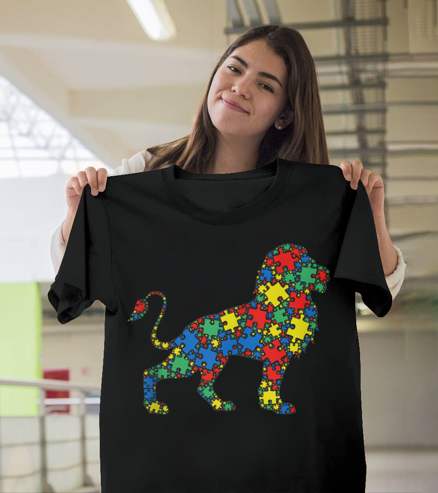 Lion Autism Puzzle Pattern Awareness Men Kids E7 T-Shirt