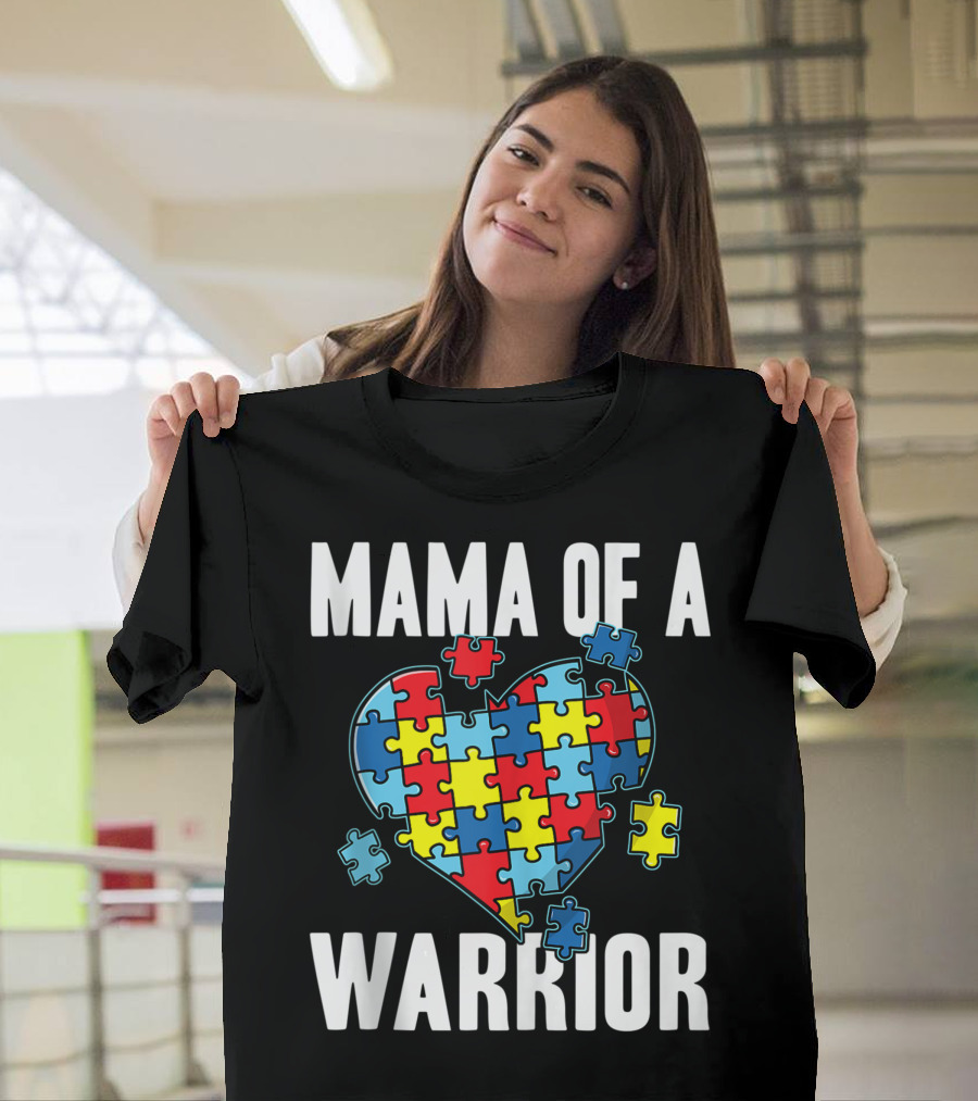 Mama Of A Warrior Autism Awareness Heart Puzzle T-Shirt