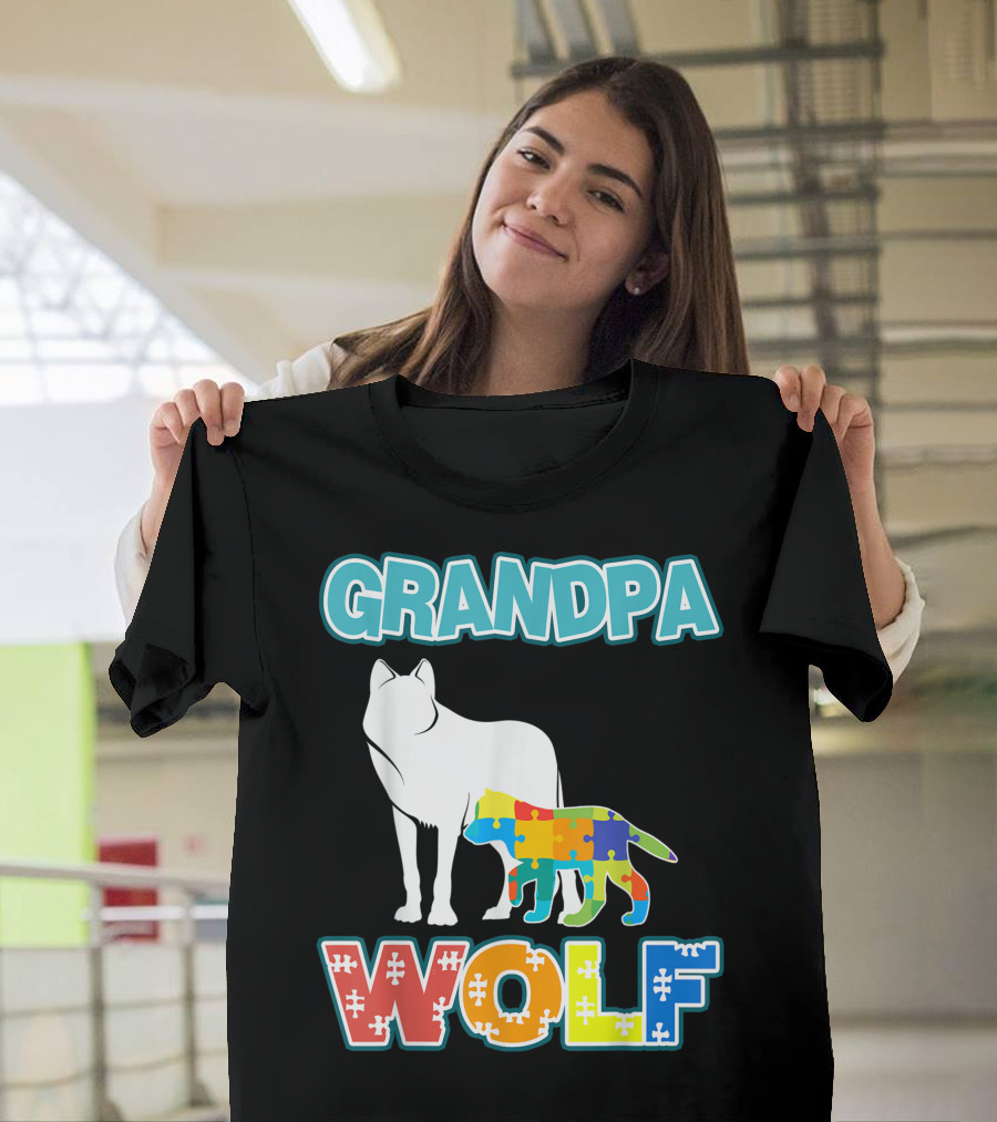 Grandpa Wolf Autism Awareness Puzzle T-Shirt