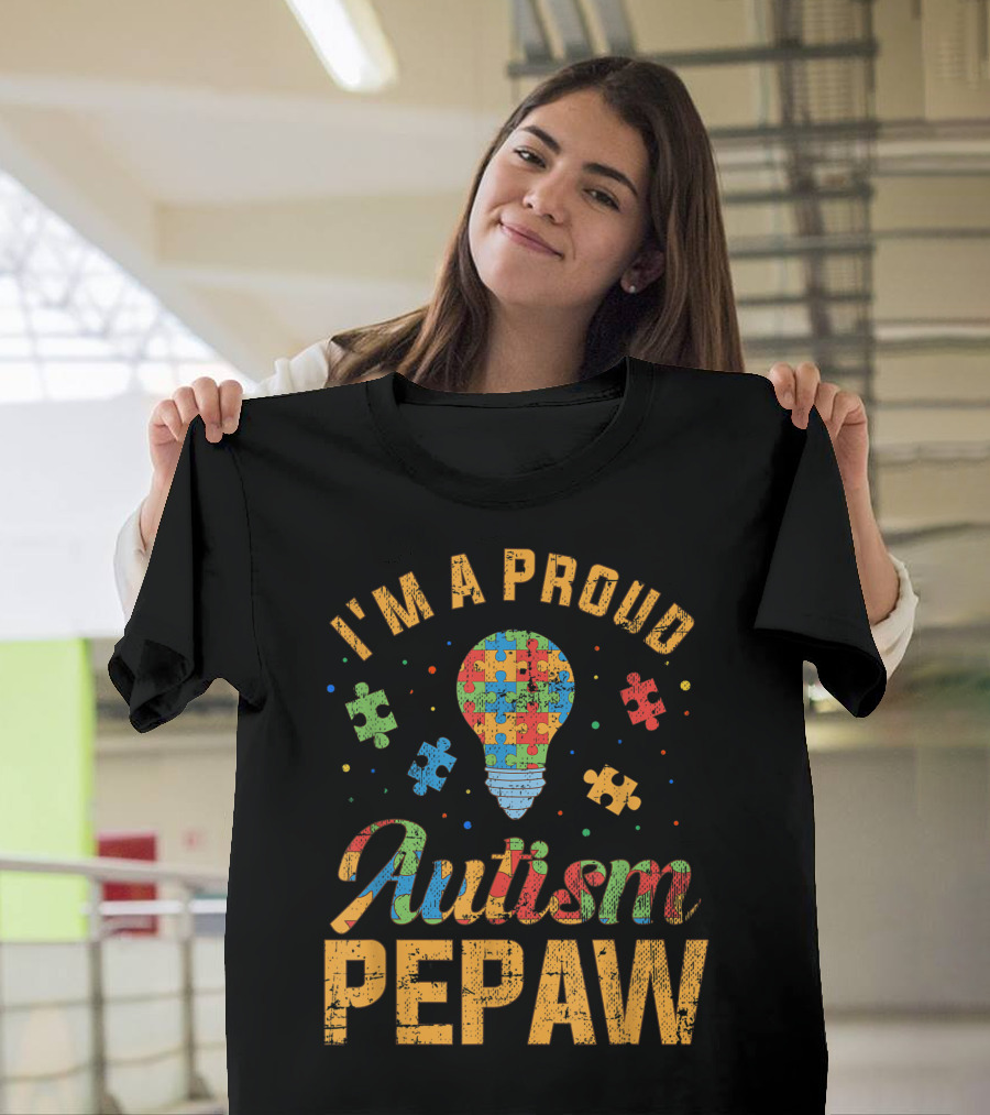 I'm A Proud Autism Pepaw Puzzle Lightbulb Autism Awareness T-Shirt
