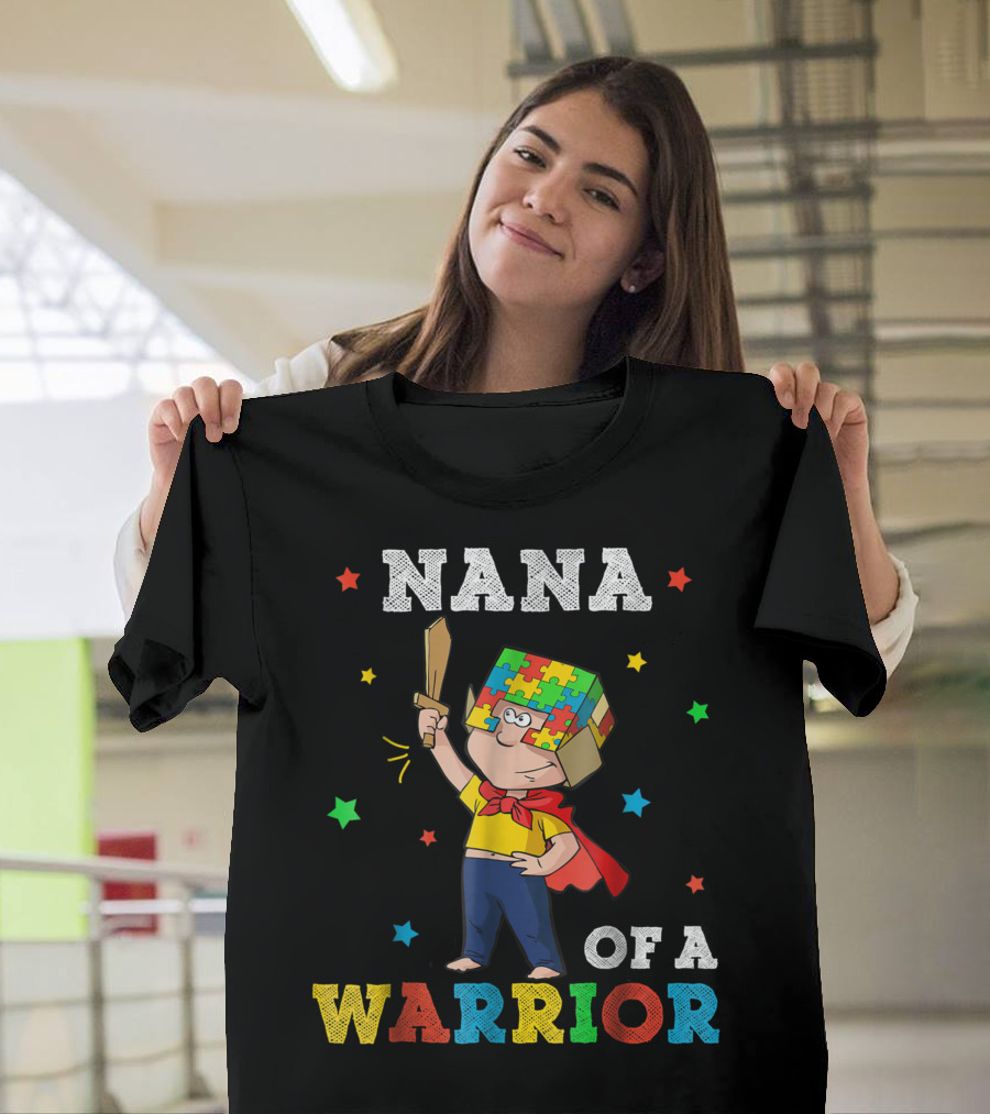 Nana Of A Warrior Autism Awareness Autism Grandma Puzzle Hero Cape T-Shirt