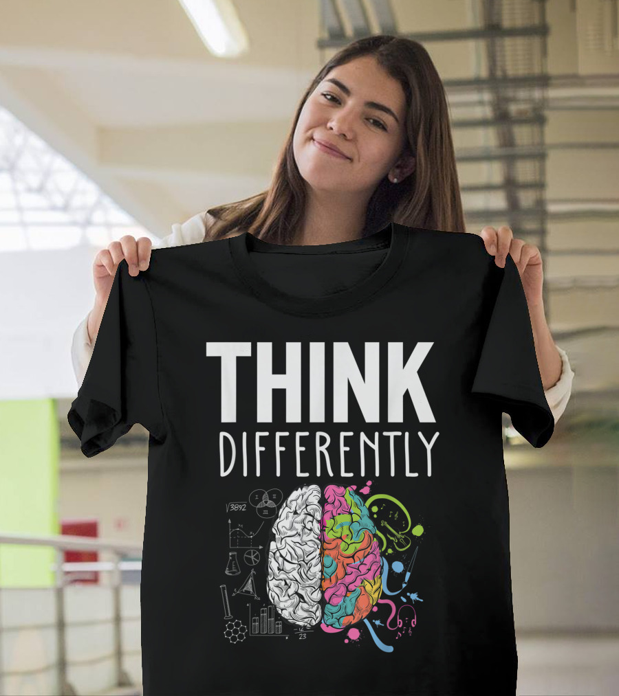 Think Differently Neurodiversity Colorful Brain with Scientific and Artistic Symbols T-Shirt
