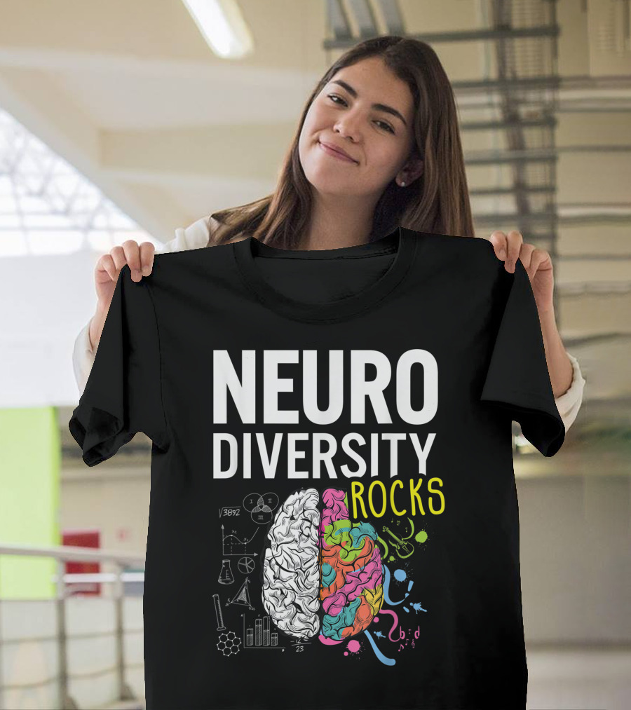 NEURODIVERSITY ROCKS Brain Autism Awareness with Colorful Science Symbols T-Shirt