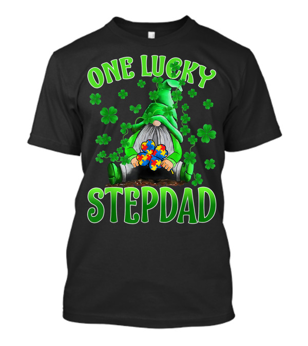 One Lucky Stepdad Gnomes Autism Puzzle Clover T-Shirt