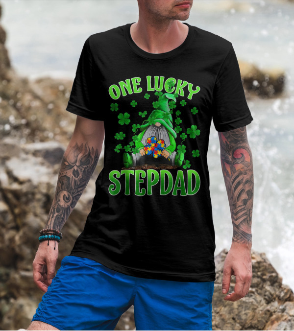One Lucky Stepdad Gnomes Autism Puzzle Clover T-Shirt