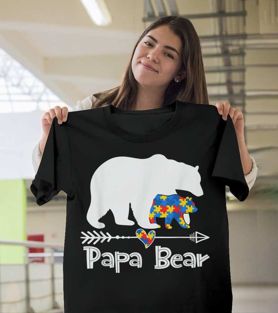 Papa Bear Autism Awareness Puzzle Piece Heart Support Autistic Dad T-Shirt
