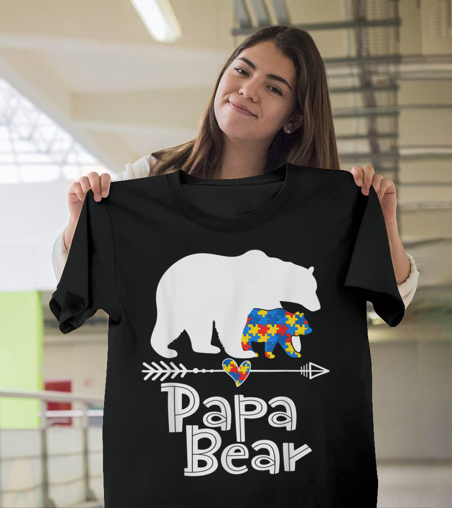 Papa Bear Puzzle Piece Heart Autism Dad Awareness Support Autistic T-Shirt