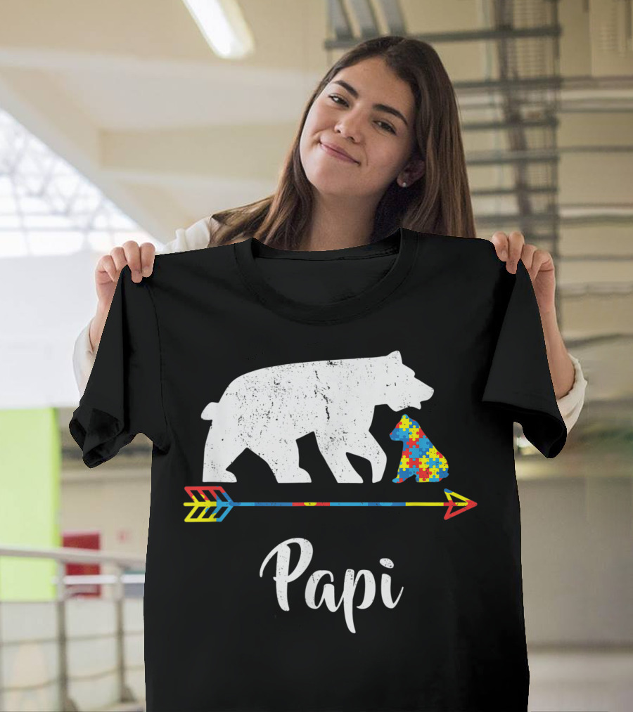 Papi Bear Autism Awareness Puzzle Pattern Arrow T-Shirt