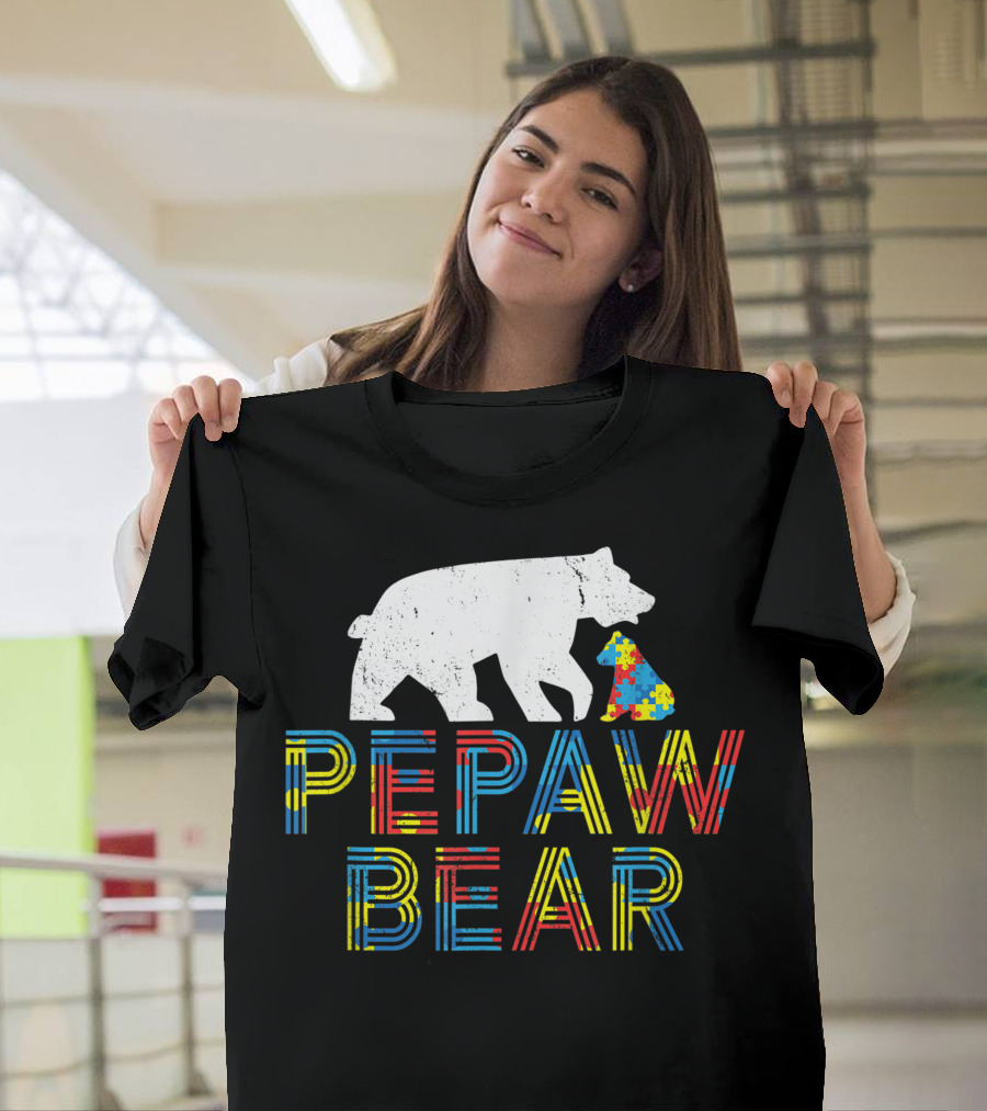 Pepaw Bear Autism Awareness Puzzle Print Colorful Letters T-Shirt