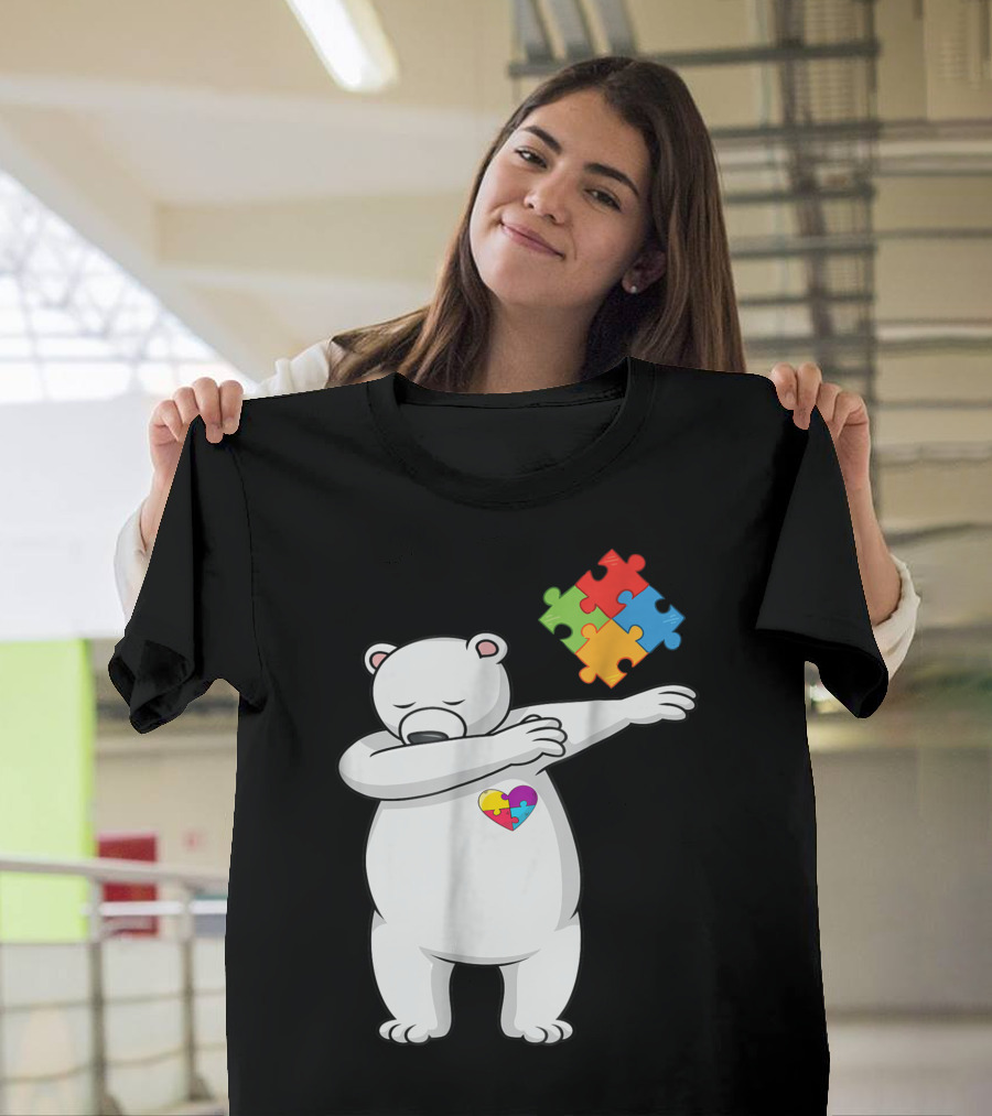 Polar Bear Dabbing with Puzzle Piece Heart Autism Awareness T-Shirt