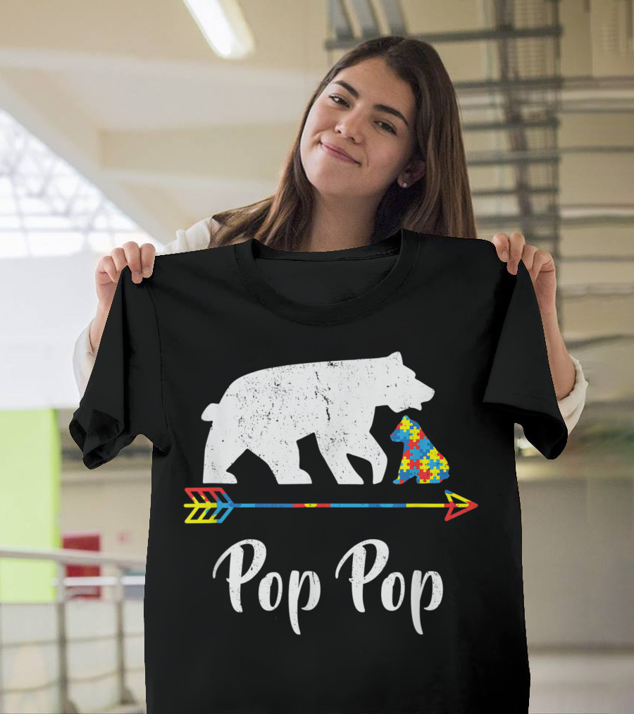 Pop Pop Proud Bear Autism Awareness Puzzle Arrow T-Shirt