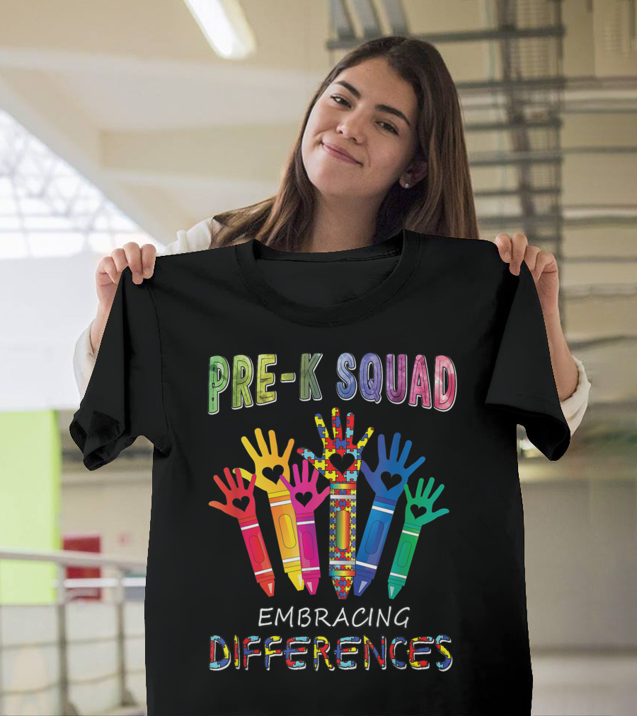 Pre K Squad Embracing Differences Autism Puzzle Handprint T-Shirt