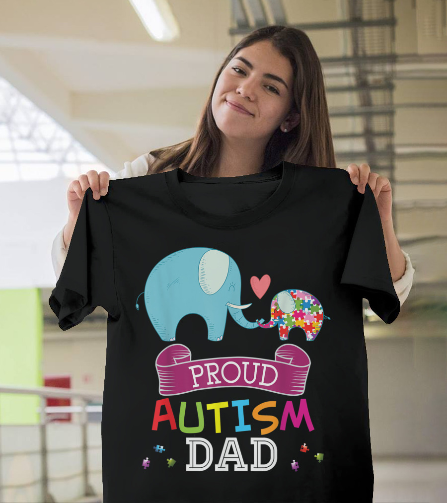 Proud Autism Dad Rainbow Puzzle Elephant Heart Connection T-Shirt