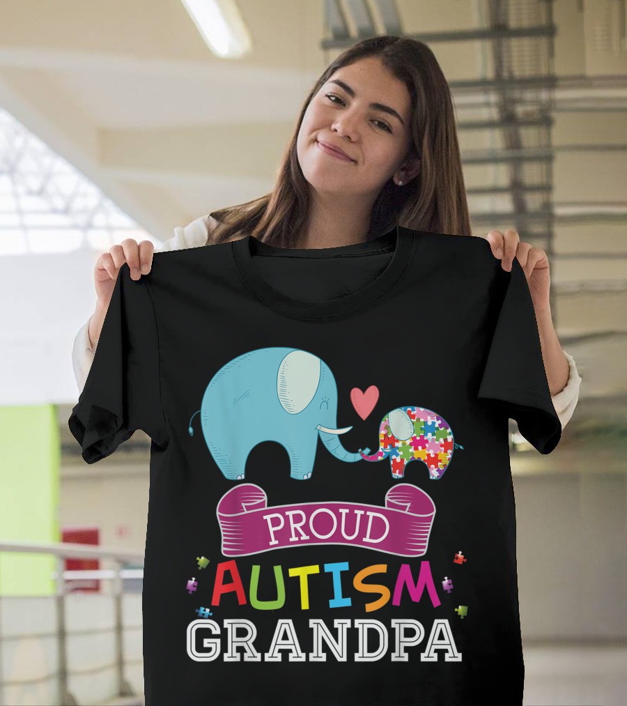 Proud Autism Grandpa Rainbow Puzzle Elephant Heart T-Shirt