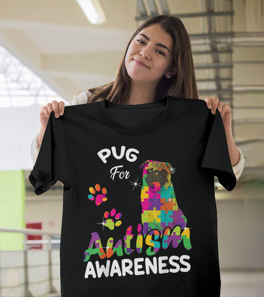 Pug For Autism Awareness Puzzle Pieces Colorful Pug Lover T-Shirt