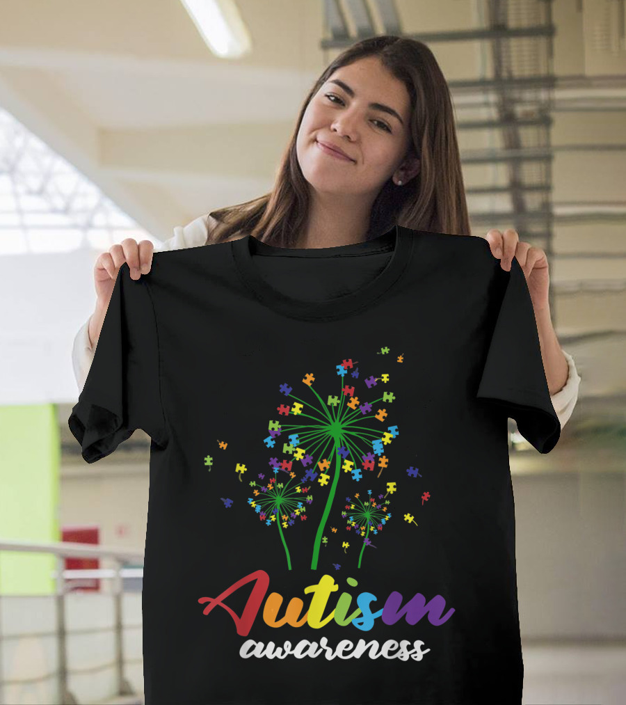 Autism Awareness Puzzle Pieces Dandelion Flowers T-Shirt
