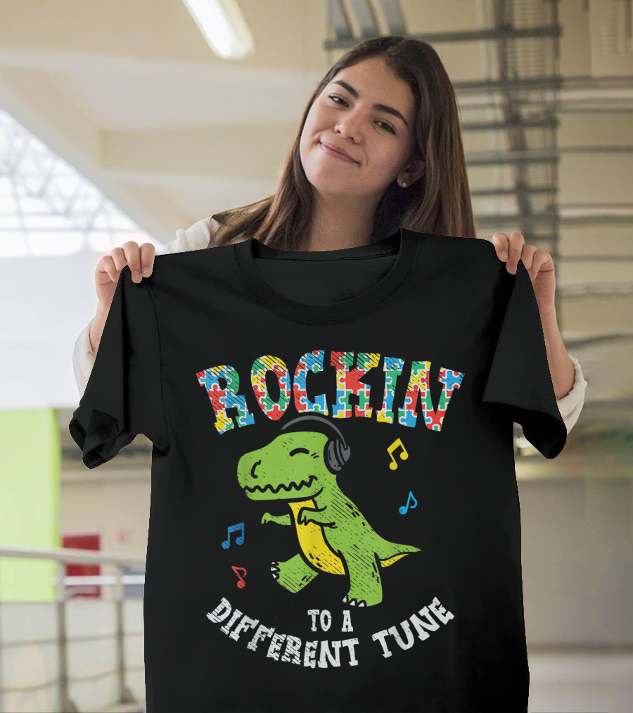 Rockin To A Different Tune Dinosaur Headphones Autism Awareness T-Shirt