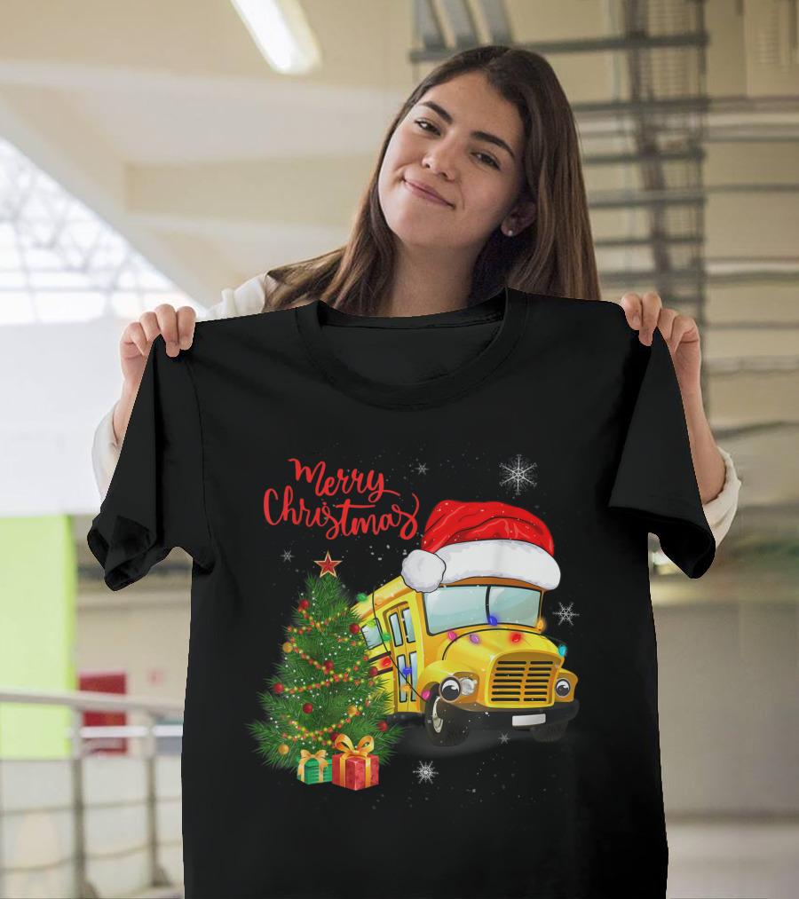 Merry Christmas School Bus Santa Hat with Tree and Presents T-Shirt