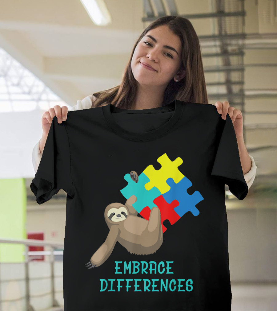 Sloth Embrace Differences Autism Awareness Day Puzzles T-Shirt