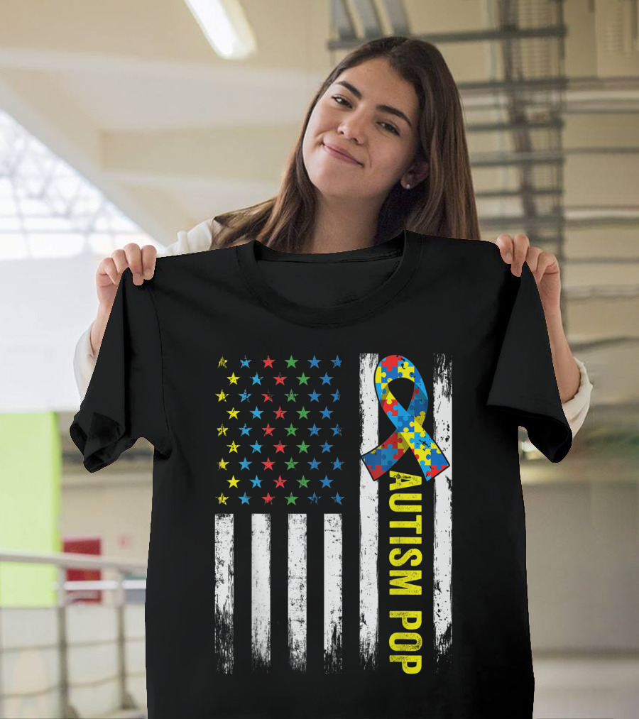 Retro American Flag Autism Pop Awareness Puzzle Ribbon Patriotic Stars T-Shirt