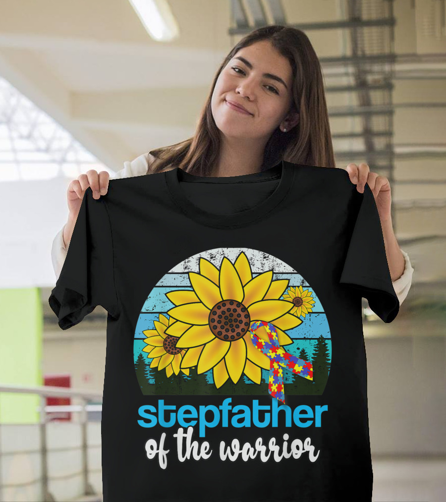 Stepfather of the Warrior Autism Puzzle Ribbon Sunflower T-Shirt