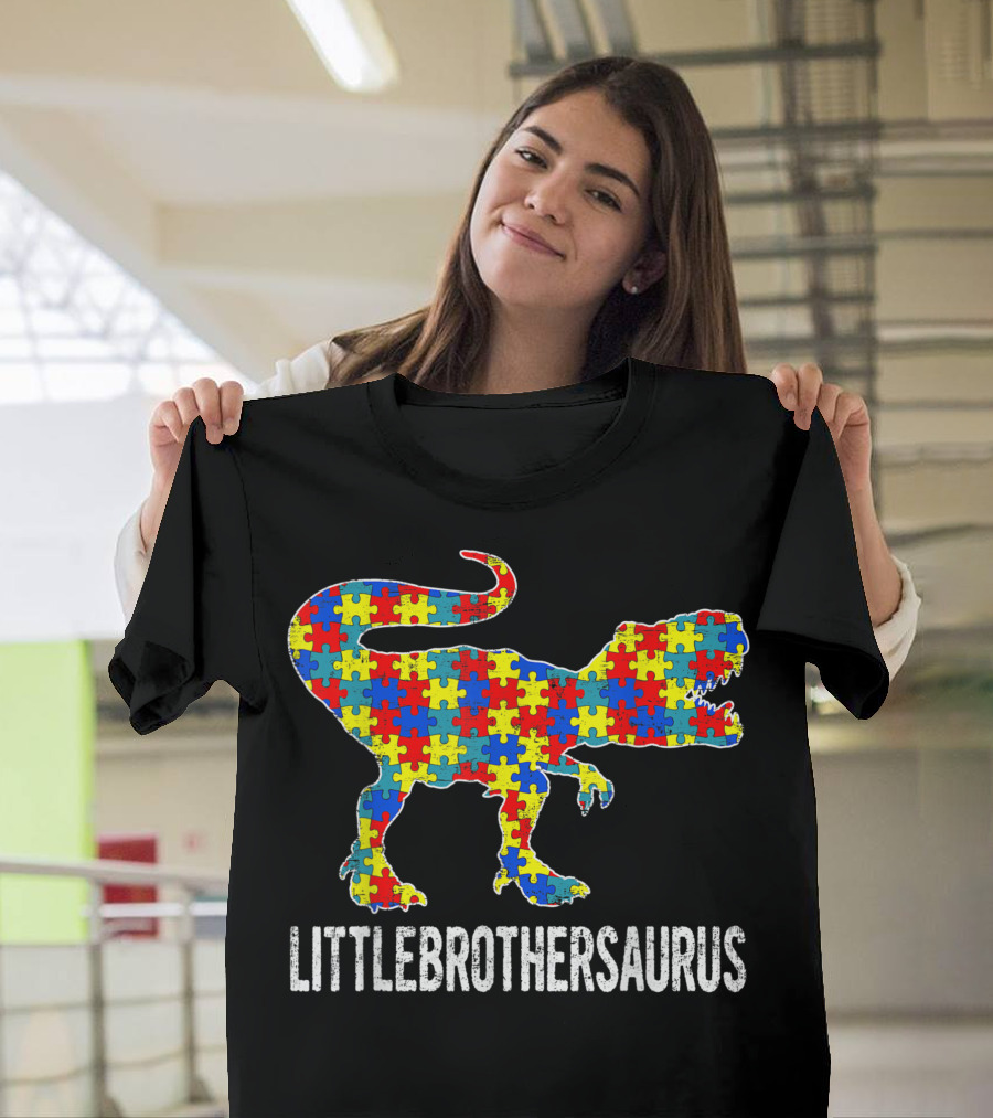 Little Brother Saurus Autism Awareness Dinosaur Puzzle Patchwork T-Shirt
