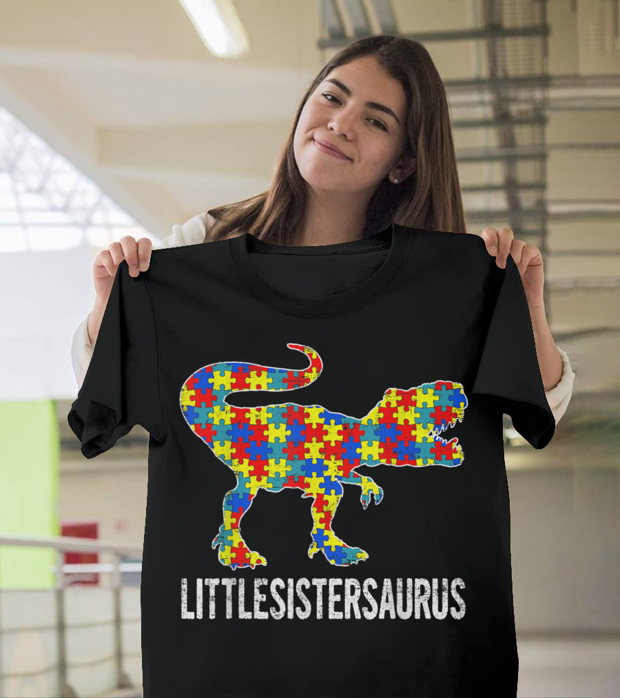 Littlesistersaurus Strong Dinosaur Puzzle Autism Awareness T-Shirt