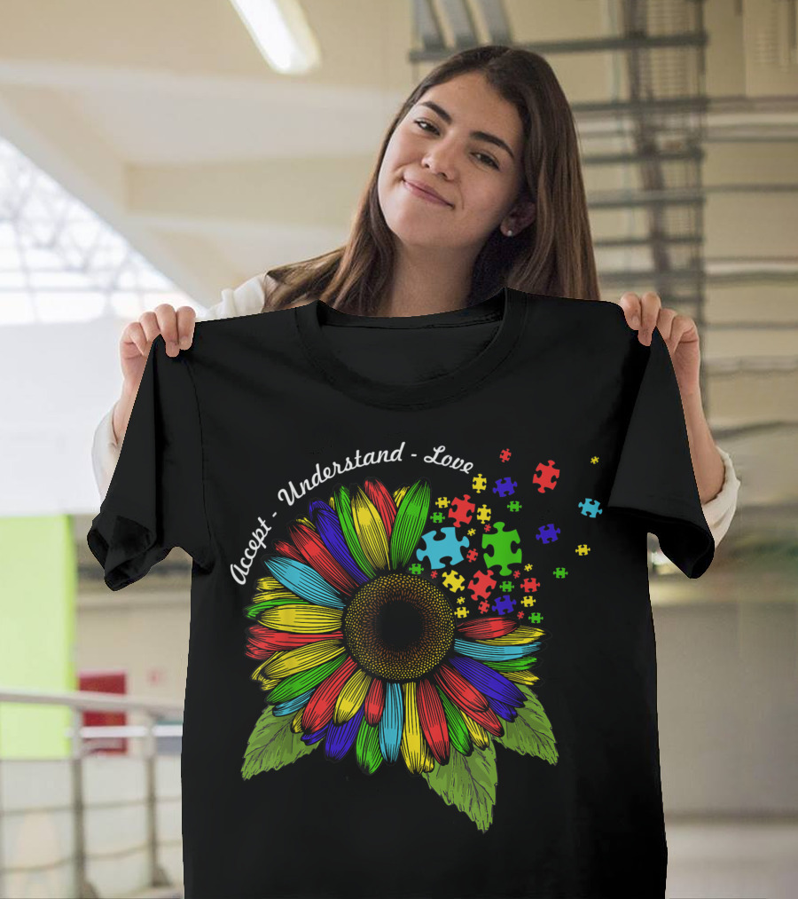 Accept Understand Love Colorful Sunflower Autism Awareness Day T-Shirt