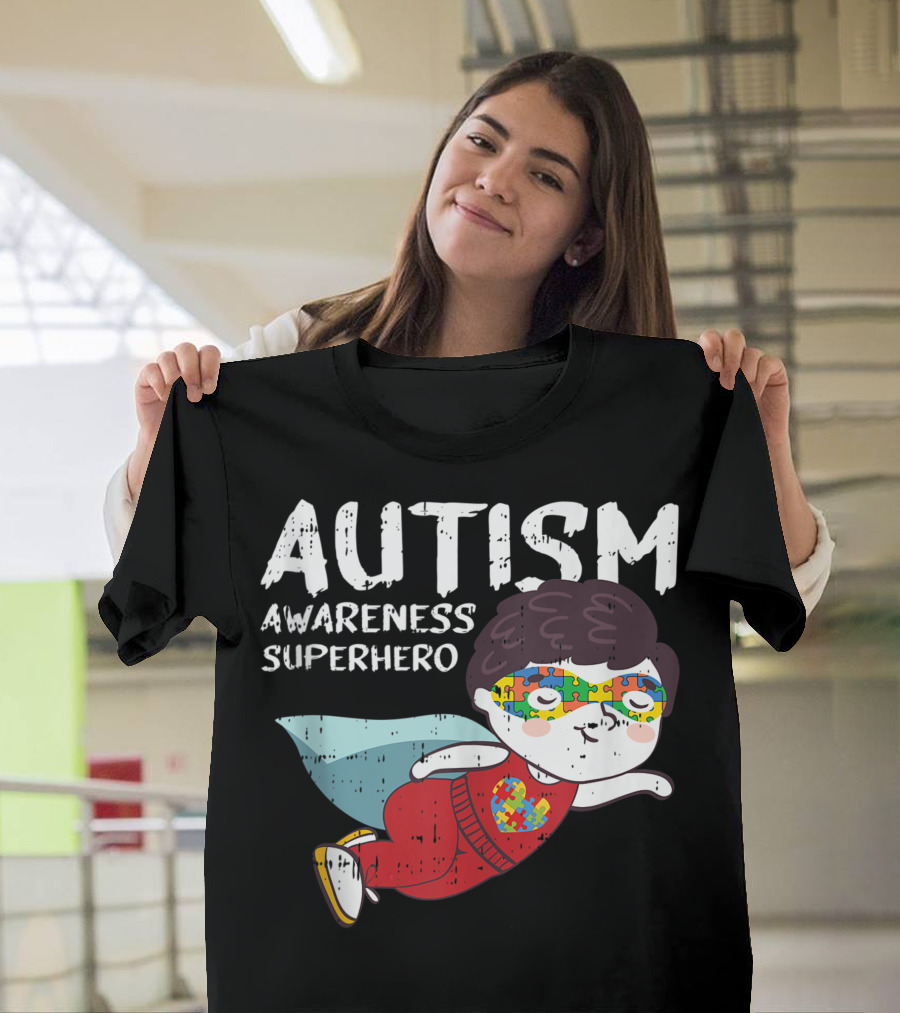 Autism Awareness Superhero Child with Puzzle Mask Flying T-Shirt